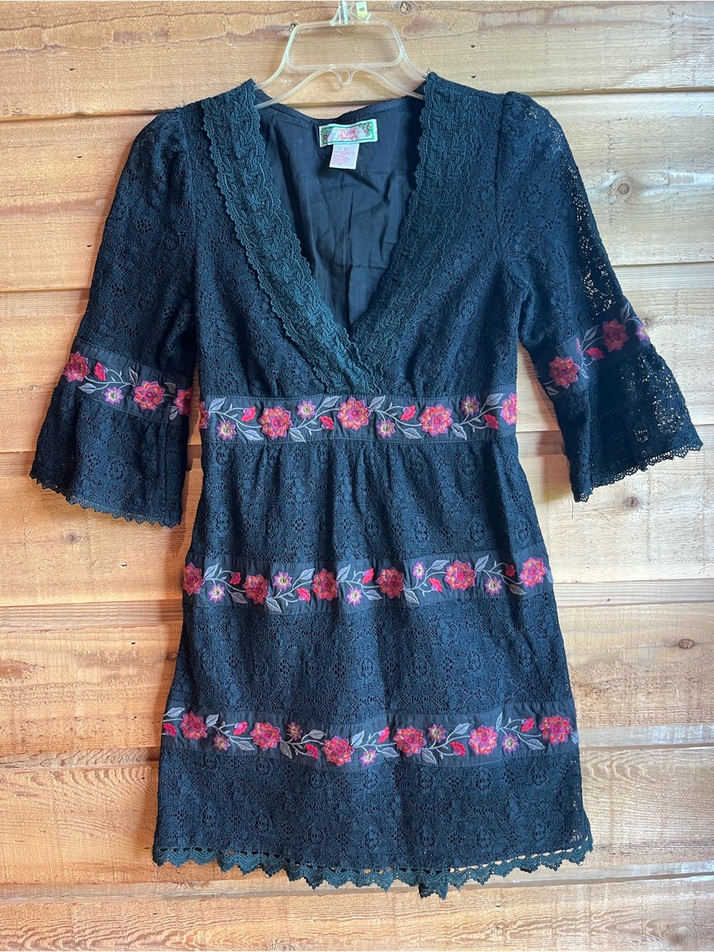 FLYING TOMATO - Boho Black Lace Mini Dress with Pink Floral Embroidery - Picture 2 of 10